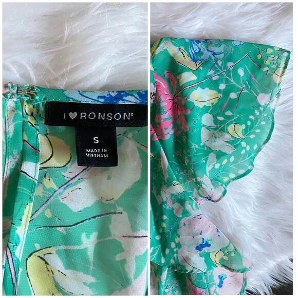 I Heart Ronson Flutter-Sleeve Top Green Peony Spring Blouse -S EUC - Picture 8 of 11